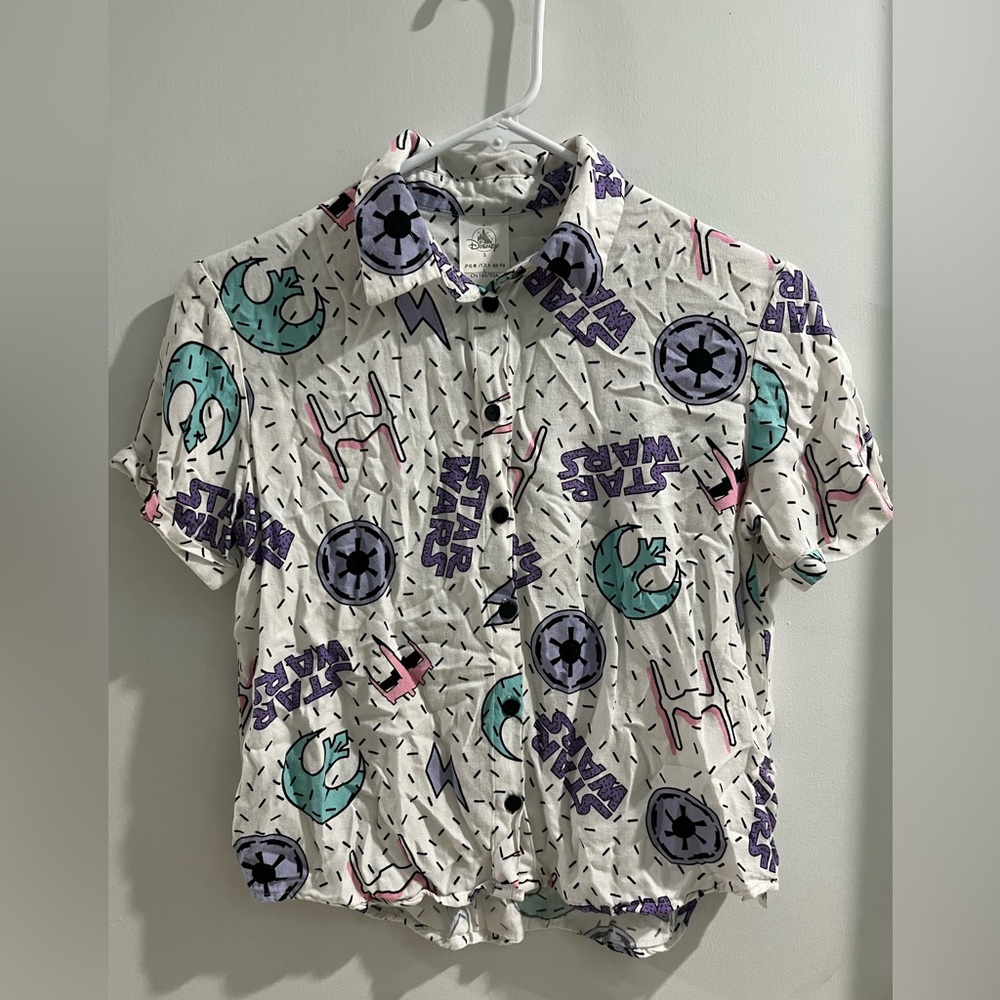 Disney White Star Wars Logo 90s Button-Up Shirt with Teal, Purple, Pink Accents